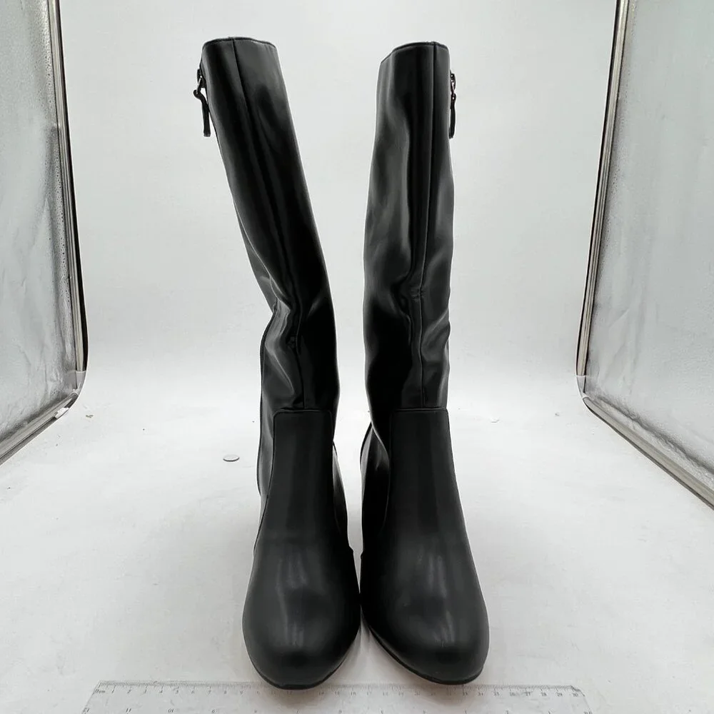Black Women Pointed Toe Knee High Boot Chunky Heel Riding Boots Side Zipper Shoe